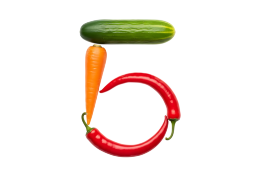 Number five shape created from fresh vegetables including a cucumber, carrot, and two red chili peppers isolated on transparent background - Powered by Adobe