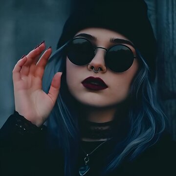 Portrait of a stylish woman with blue hair, sunglasses, and dark lipstick looking upwards outside