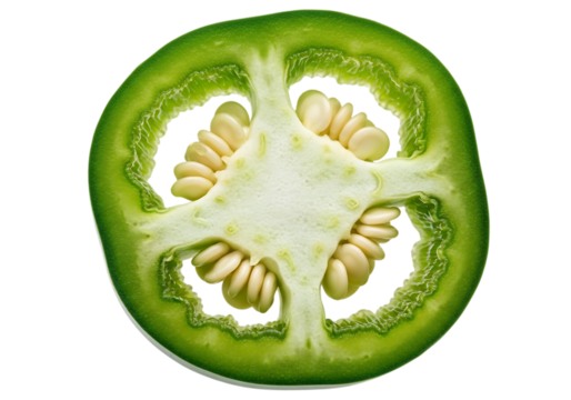 Cross section of a vibrant green jalapeo pepper slice showing seeds and inner white pith isolated on transparent background