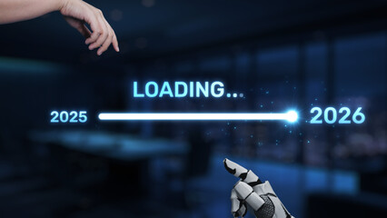 A captivating representation of technology advancement featuring a robotic hand and a human hand...