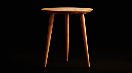 A minimalist wooden stool with three legs against a dark background, evoking simplicity and functionality. The stool's design showcases clean lines and a natural aesthetic