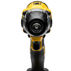 Close up front view of yellow and black impact driver isolated on transparent background