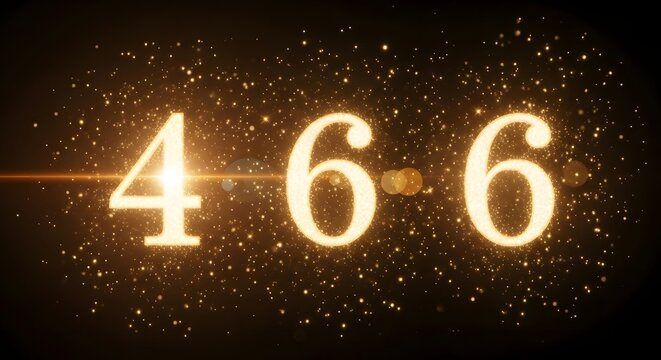 Golden numbers 4 6 6 glowing with particles and light flare