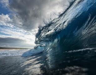 dynamic ocean wave capturing motion and energy under a cloudy sky