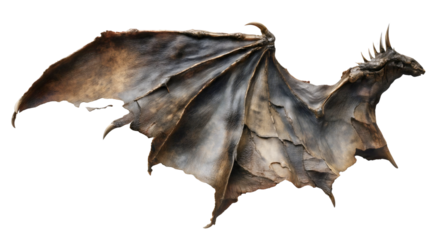 A large dragon wing with spikes isolated on a white background, a dark leathery demon limb, a fantasy monster appendage, a reptile skin texture, a scary flying creature prop.