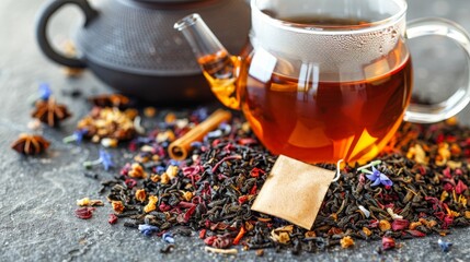 Close up of loose leaf tea with a tea bag and traditional teapot arrangement for tea lovers