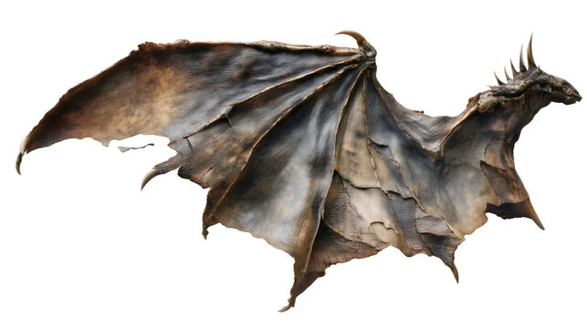 A large dragon wing with spikes isolated on a white background, a dark leathery demon limb, a fantasy monster appendage, a reptile skin texture, a scary flying creature prop.