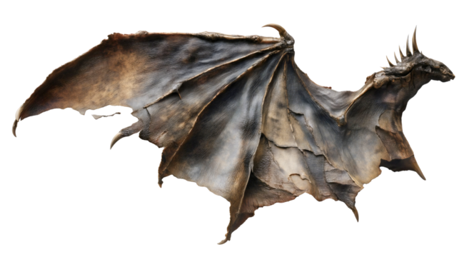 A large dragon wing with spikes isolated on a white background, a dark leathery demon limb, a fantasy monster appendage, a reptile skin texture, a scary flying creature prop.