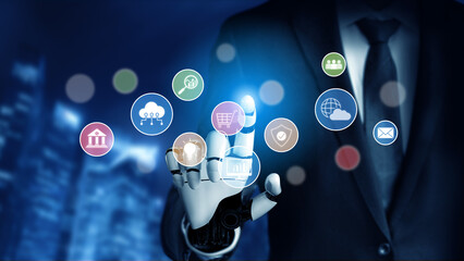 AI assists in organizing and visualizing a digital ecosystem of business icons to represent key services like finance, analytics, and secure cloud platforms in modern industries Vouch