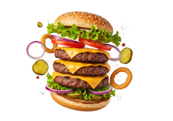 Exploding triple cheeseburger with sesame seed bun, lettuce, tomato, onion, pickle, and onion ring ingredients floating midair, isolated on transparent background