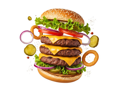 Exploding triple cheeseburger with sesame seed bun, lettuce, tomato, onion, pickle, and onion ring ingredients floating midair, isolated on transparent background