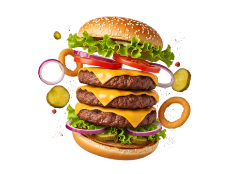 Exploding triple cheeseburger with sesame seed bun, lettuce, tomato, onion, pickle, and onion ring ingredients floating midair, isolated on transparent background