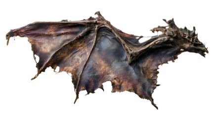 A dark grey dragon wing isolated on a plain background, a leathery demon limb with claws, a scary bat monster appendage, a fantasy creature texture, a flying beast prop.