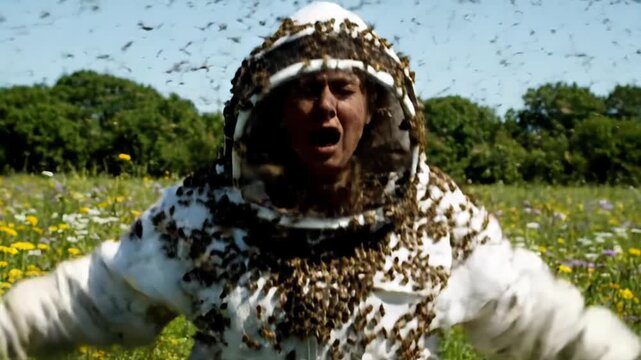 Frightened beekeeper in full protective gear being engulfed by a large swarm of bees in a colorful flower meadow