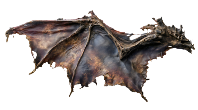 A dark grey dragon wing isolated on a plain background, a leathery demon limb with claws, a scary bat monster appendage, a fantasy creature texture, a flying beast prop.