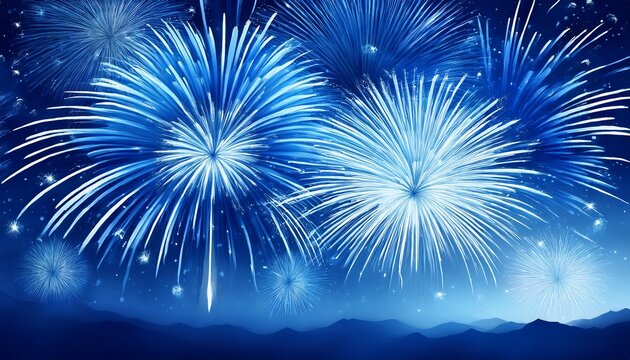 vibrant blue fireworks exploding with white streaks on midnight blue sky background