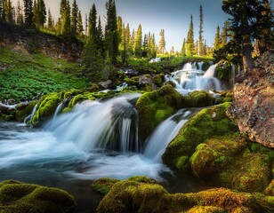 mystic falls cascading over rocks vibrant green moss wyoming moss vibrant