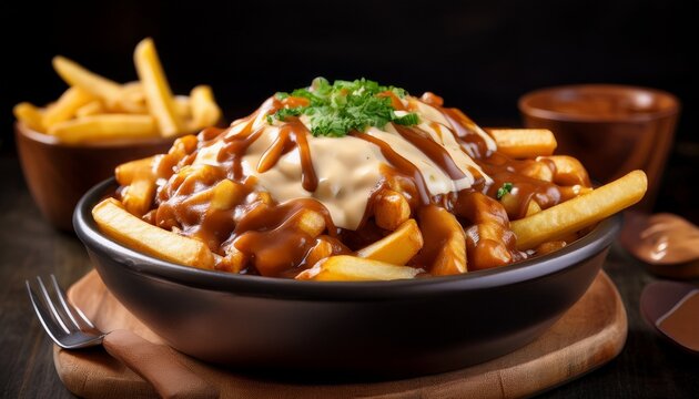 classic canadian poutine with fries cheese curds and gravy in black bowl