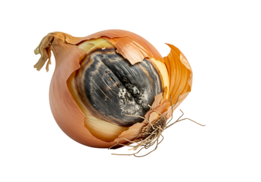 Rotten brown onion showing advanced black mold growth inside the outer layers, isolated on transparent background