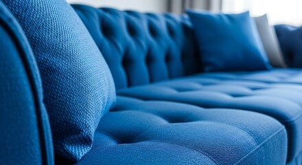 Vibrant cobalt blue tufted sofa detail, showcasing plush fabric texture and sophisticated design, perfect for luxurious contemporary home interiors