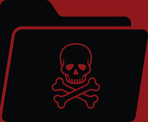 Black computer folder icon with red skull and crossbones symbol representing dangerous malware virus and corrupted data files for cyber security warning concept.