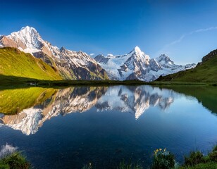pristine alpine landscape with snow capped mountains and tranquil lake reflection