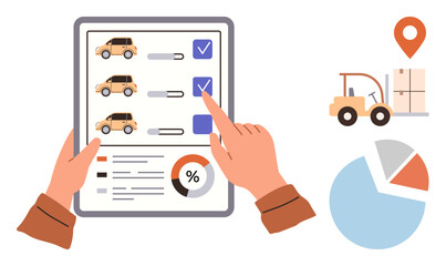 Hands reviewing a logistics checklist on a tablet with toggle switches, vehicle icons, charts, forklifts, and location markers. Ideal for delivery management, inventory, tracking, statistics