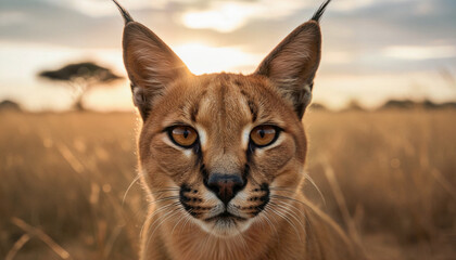 Obraz premium Detailed Caracal Face Portrait Under Golden Hour Sun on African Savanna