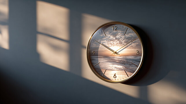 A clock on a wall with window shadows, time passage - Powered by Adobe