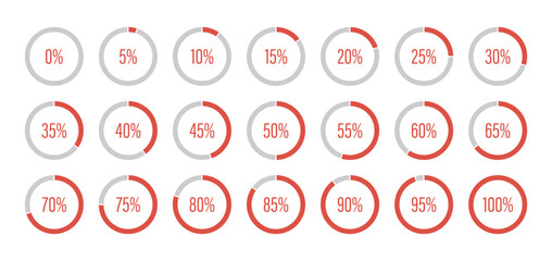 Red and gray color fill pie charts indicator. Red progress bars. Round graph loading progress set. Circle diagrams icons for infographics from 100 to 0 percent. Round percentage infographic.