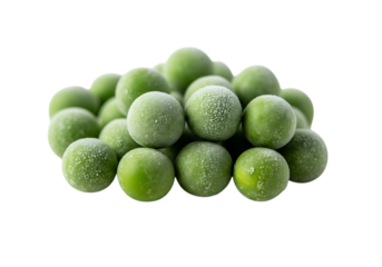 A pile of frozen green peas covered in frost, isolated on transparent background