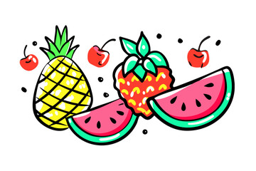 Hand drawn fruit doodles with watermelon pineapple and cherries