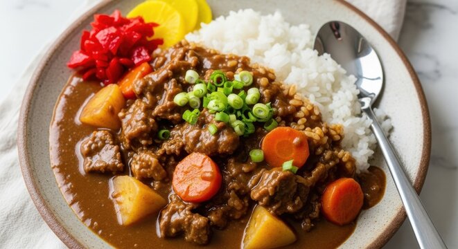 Close up of japanese curry with rice and vegetables on a plate dish