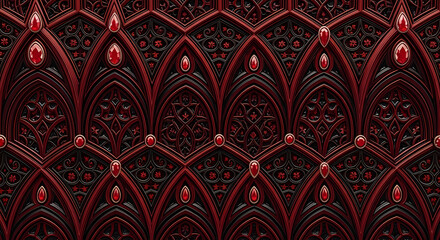 Intricate gothic pattern with red gems and dark wood forming an arched lattice design repeating