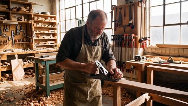 Close-up of a carpenter crafting a wooden chair in his workshop.