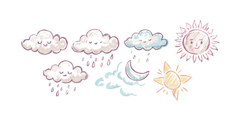 Hand drawn watercolor weather icons with transparent background