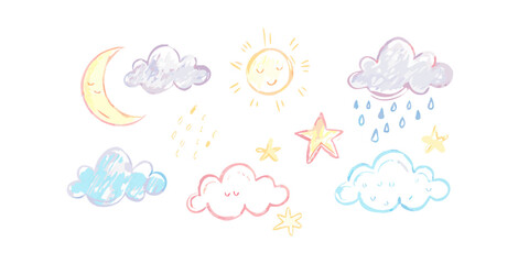 Hand drawn watercolor weather elements on white background 1