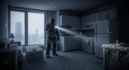 Global cooling with extreme frosts, a stalker man stands in the frostbitten interior of an abandoned apartment in a skyscraper.
