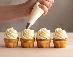 Hand decorating cupcakes with frosting swirls using a piping bag