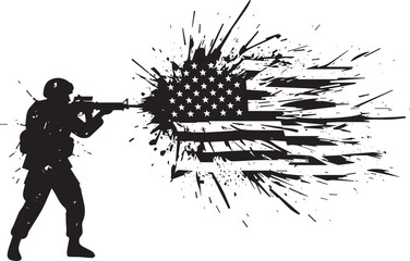 Obraz premium Silhouette of a Soldier Aiming an Assault Rifle with Abstract American Flag Splatter Illustration Honoring Military Service and Patriotism