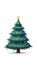 Fototapeta premium A vibrant, cartoon-style Christmas tree adorned with colorful lights and ornaments, topped with a golden star, set against a clean white background.