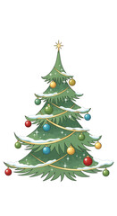 Fototapeta premium A beautifully decorated green Christmas tree with colorful baubles, golden garland, a star, and a dusting of snow.
