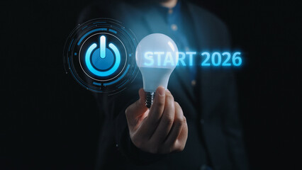 Start 2025 concept with futuristic power button symbolizing fresh beginnings, innovation, and digital transformation. Start 2025, new goals, and start 2025 initiative. Elide