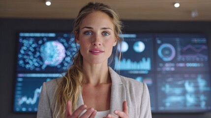 Confident businesswoman presenting data on digital screen