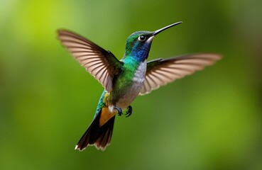 Fototapeta premium Vibrant green crowned woodnymph hummingbird hovers mid-air with wings spread. Iridescent green, blue feathers shimmer against soft, blurred green background. Tiny bird long, thin black beak, perfect