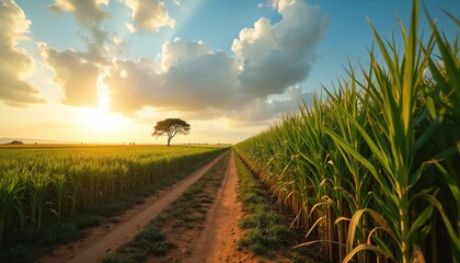 Sun sets over a vast sugar cane field with a dirt road winding through. A lone tree stands against the horizon as golden light illuminates the tall green stalks and fluffy clouds.
