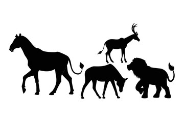 Herd of wild animals running on white background horse