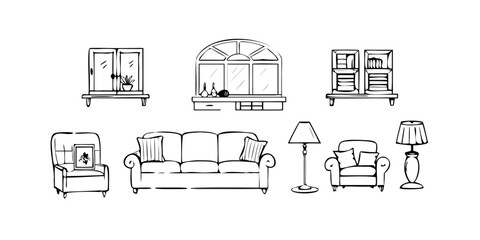 Living Room Furniture and Window Line Art interior