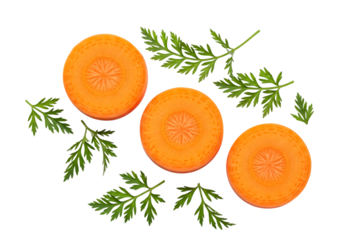 Three bright orange carrot slices with fresh green carrot tops arranged artistically isolated on transparent background