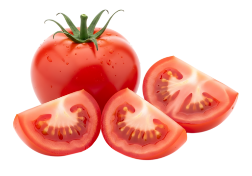 A vibrant, ripe red tomato shown whole next to three juicy slices, isolated on transparent background